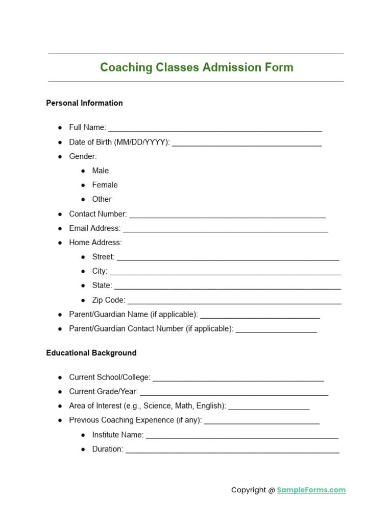 Coaching Classes Admission Form | PDF