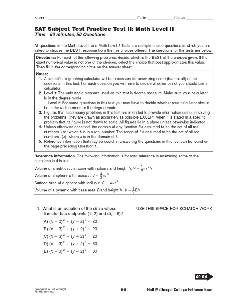 sat_practice_test_2_-_math_level_2 | PDF | Sat | Area