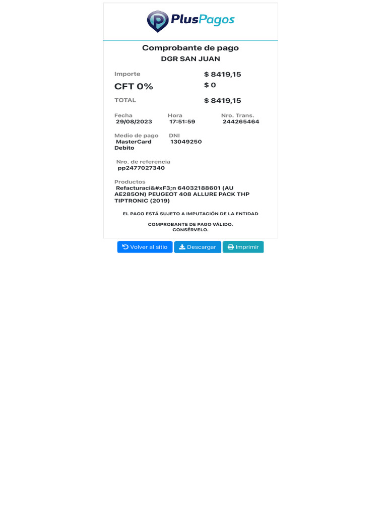 Pago Refacturación Peugeot 408 2019 | PDF