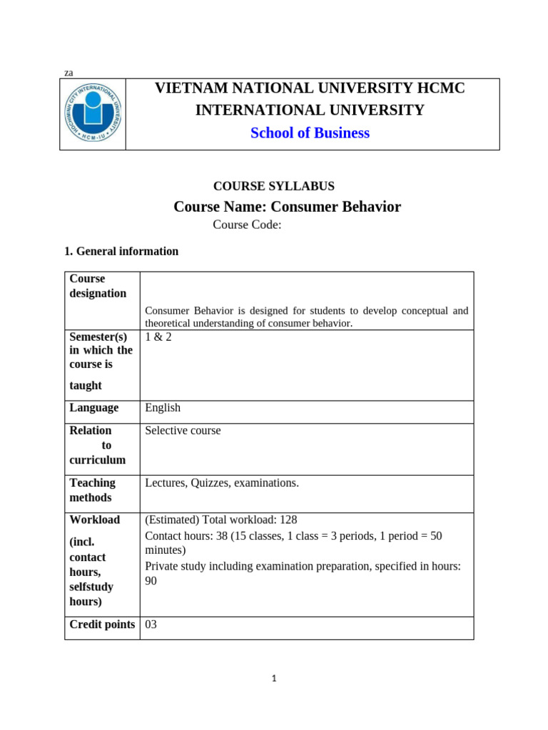 Consumer Behavior Course Syllabus | PDF | Behavior | Consumer Behaviour