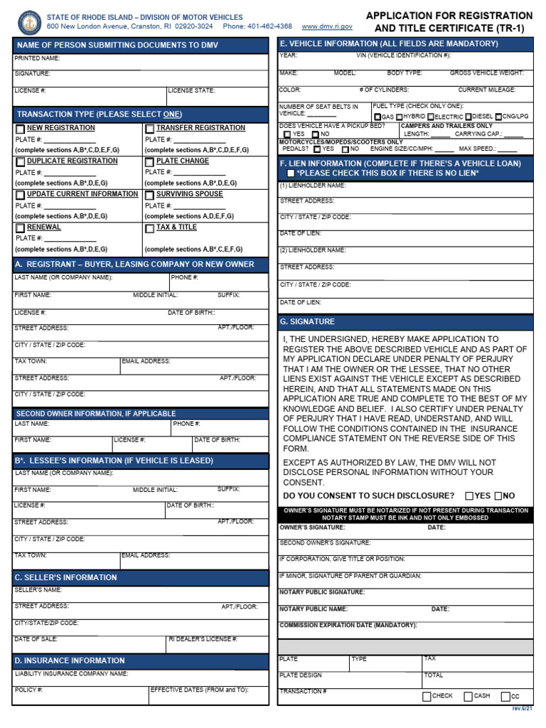 Rhode Island DMV TR-1 Registration Form | PDF | Department Of Motor ...