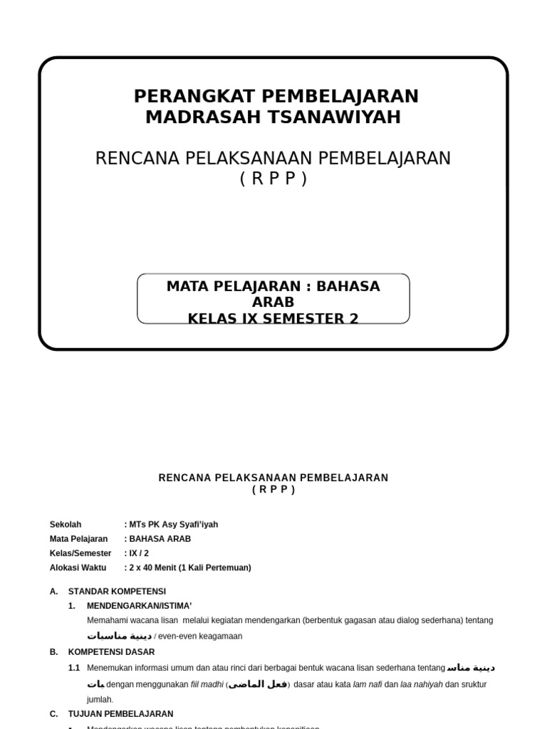 RPP Bahasa Arab Kelas IX MTs Asy Syafi'iyah | PDF