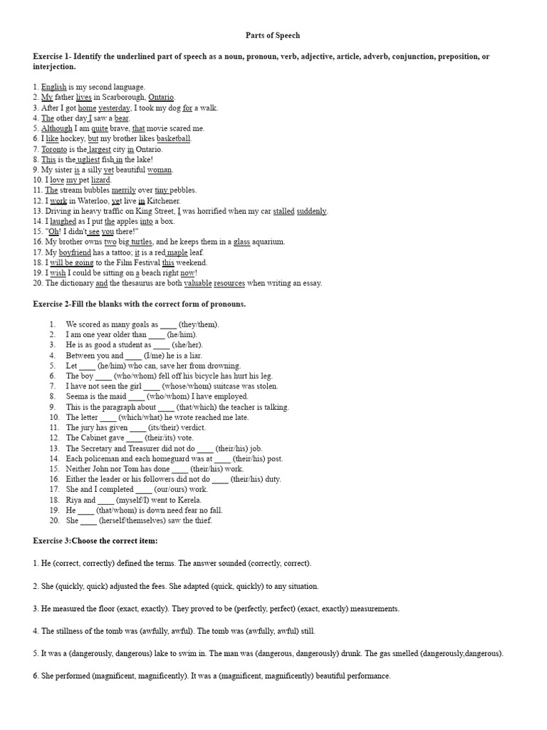 Parts of Speech Exercises Guide | PDF | Part Of Speech