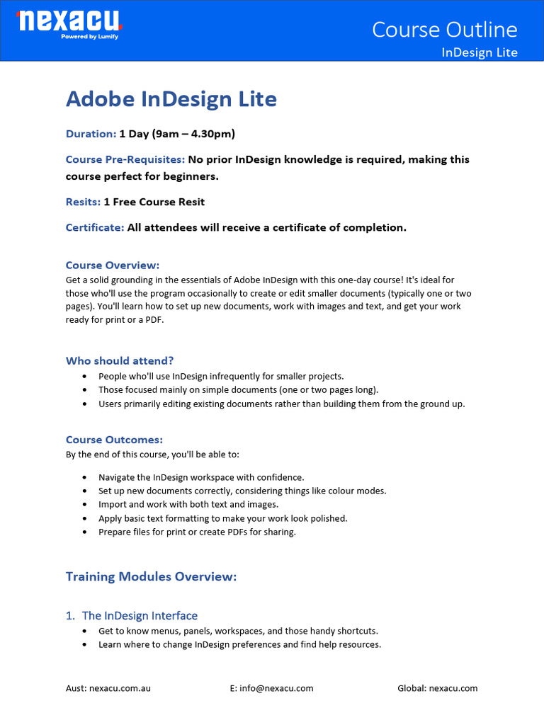 Indesign Lite Course Outline | PDF | Adobe In Design | Software