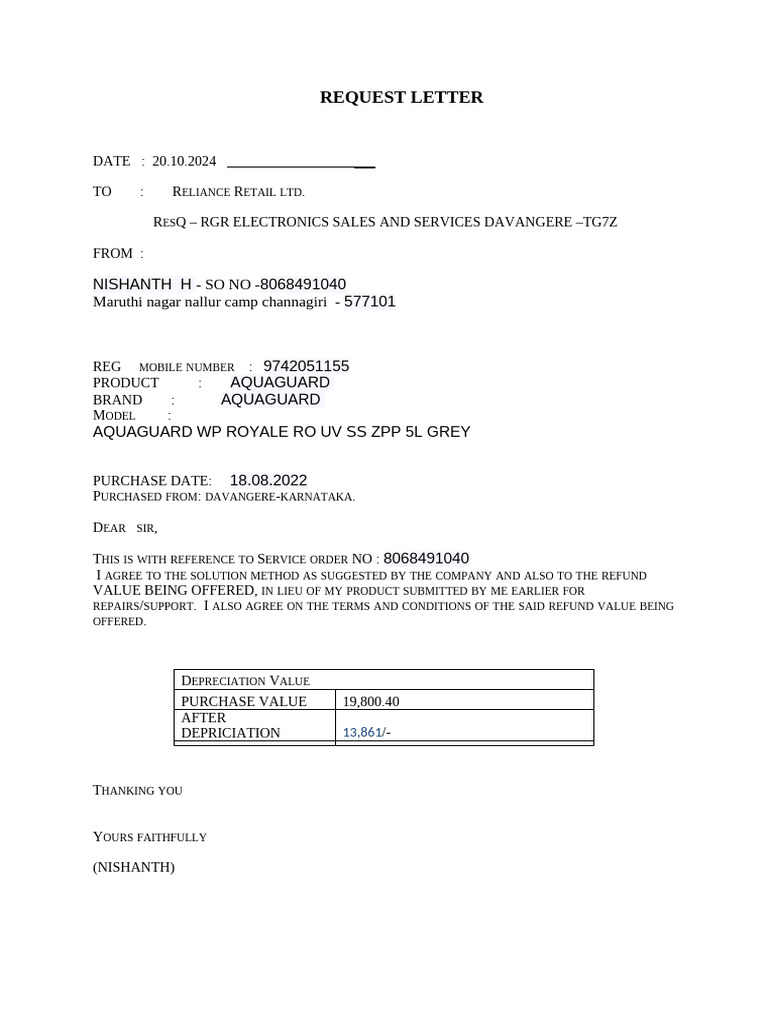 Aquaguard Refund Request Letter | PDF