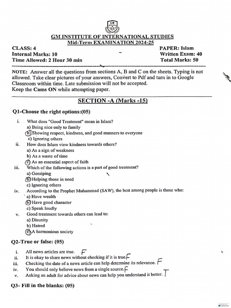 Islamic Study Exam | PDF