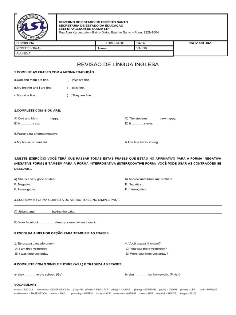 1º Ano Revisão Avaliação de Inglês Agenor | PDF