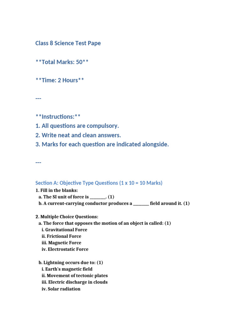 Class 8 Science Test Paper | PDF