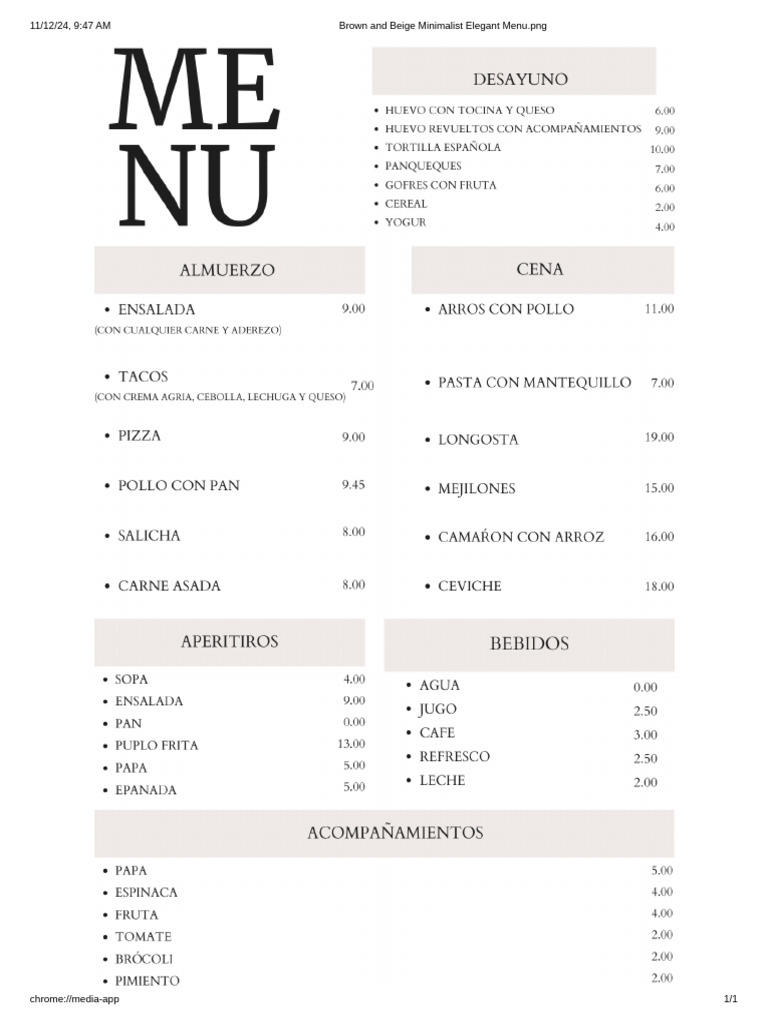 Brown and Beige Minimalist Elegant Menu - PNG | PDF