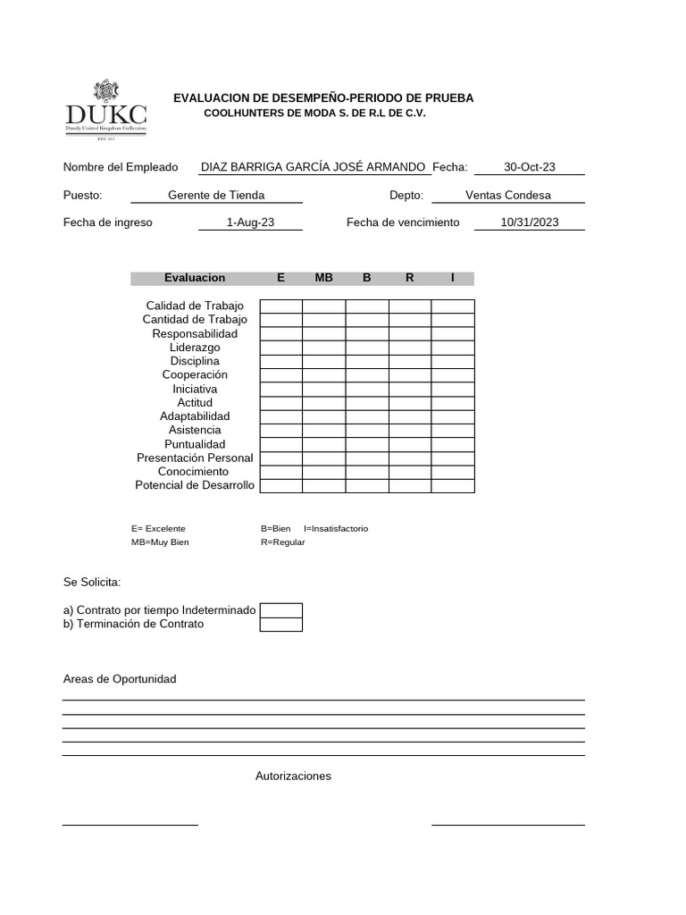 Evaluacion Periodo de Prueba | PDF | Gestión del cambio