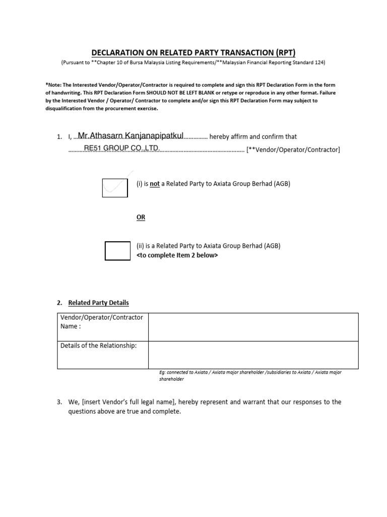 Axiata RPT Declaration Form | PDF | Business