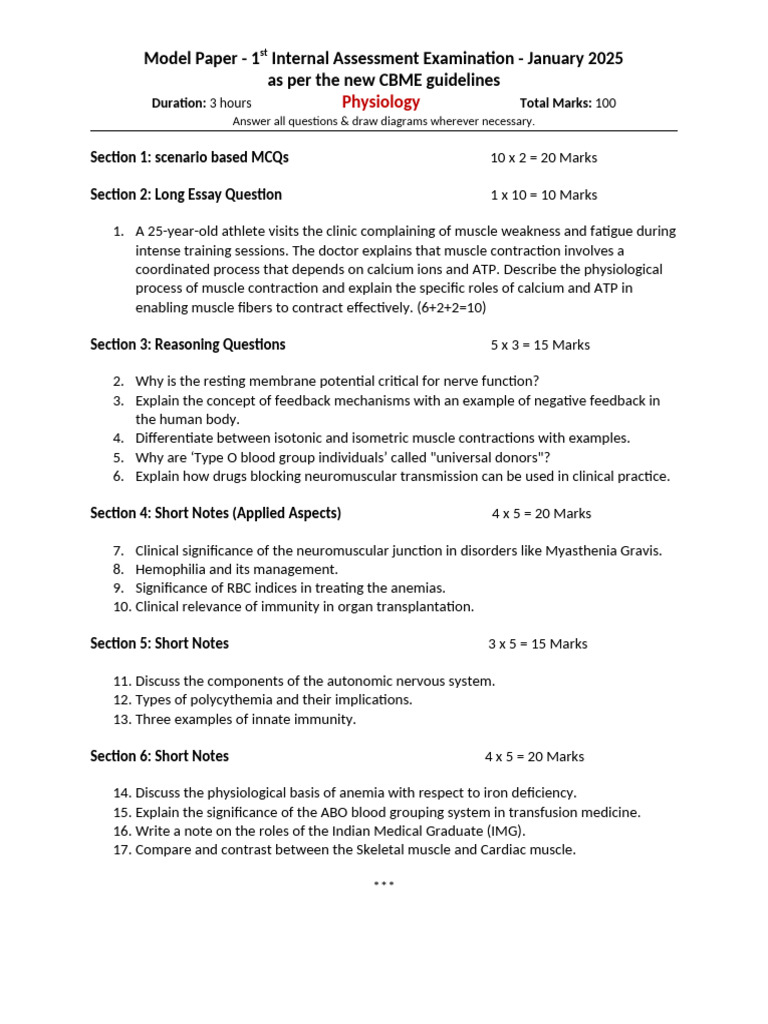 Physiology Assessment Model Paper | PDF