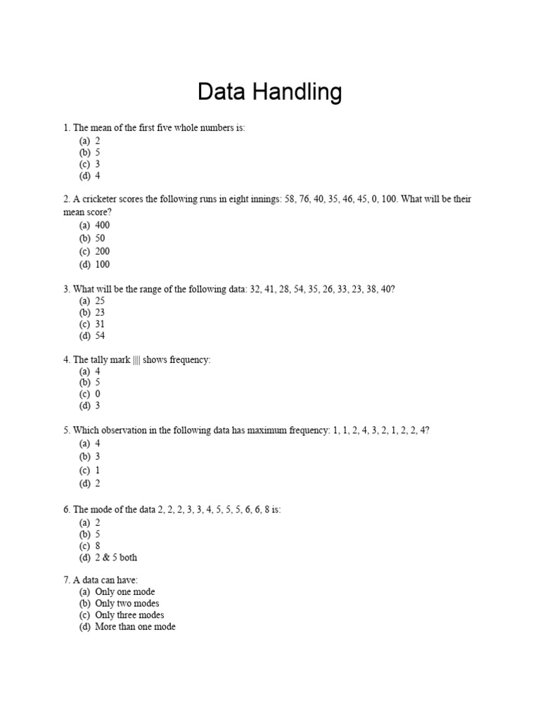 Class 6th - Maths - Data Handling - Questions | PDF | Mean