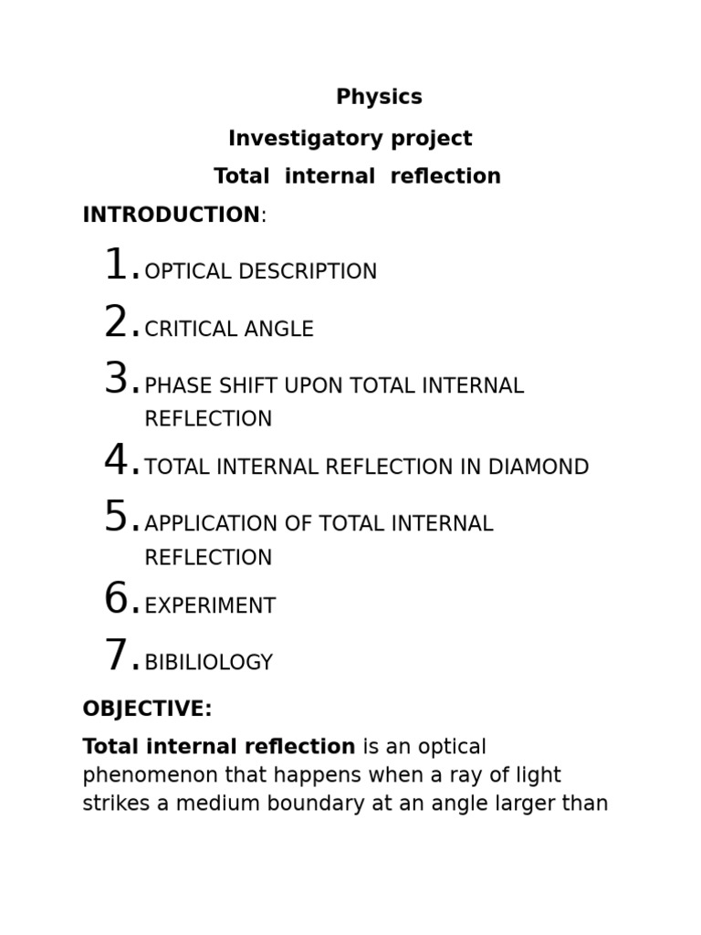 Physics Investigatory Project Total Internal Reflection | PDF ...