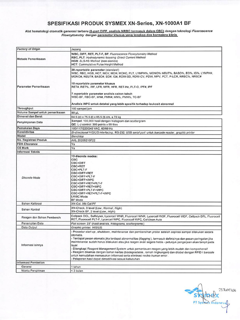 Spesifikasi_Sysmex_XN-1000A1 BF | PDF