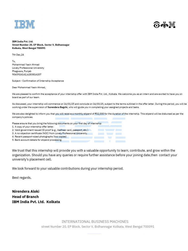 IBM Internship Confirmation Letter | PDF