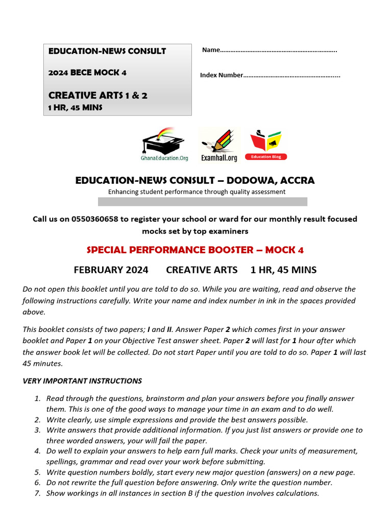 2024 BECE Creative Arts Mock Exam | PDF | Drawing | Color