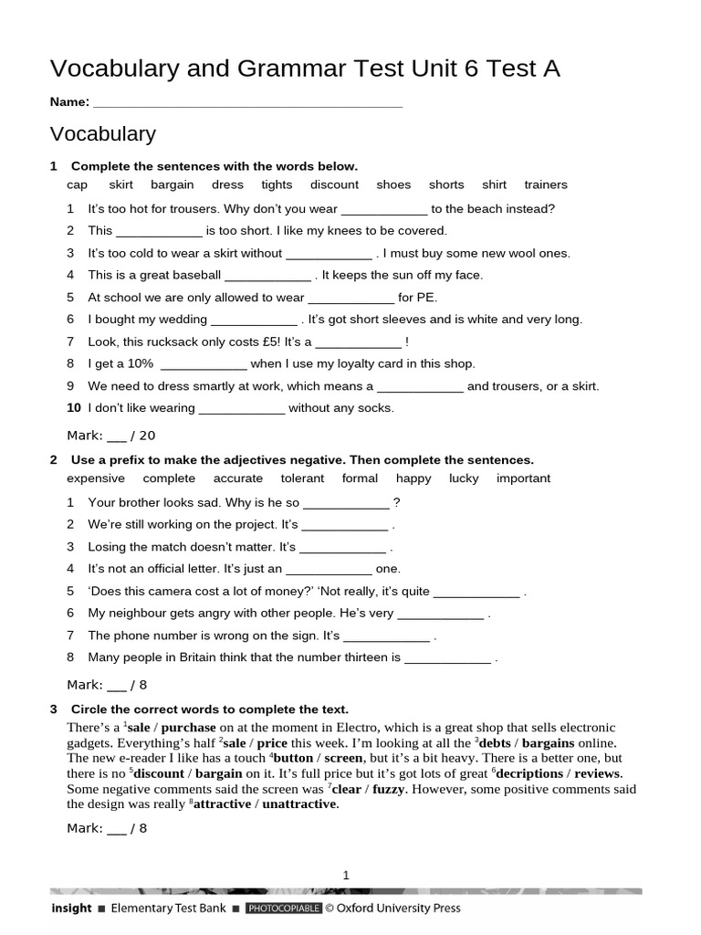Vocabulary grammar unit 6 test a pdf online shopping clothing