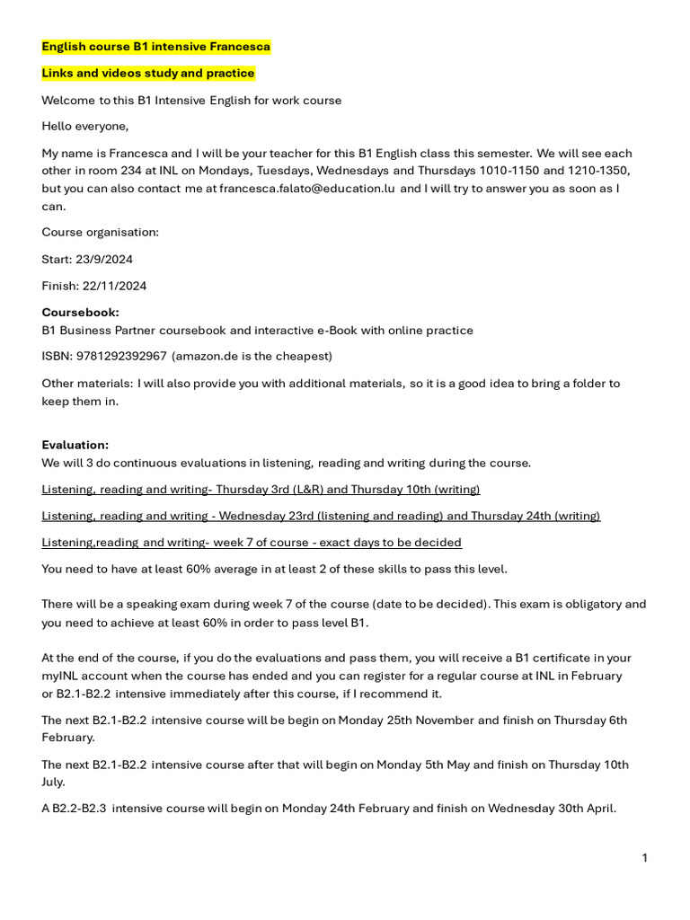 B1 Intensive English Course Overview | PDF | Verb | Linguistic Typology