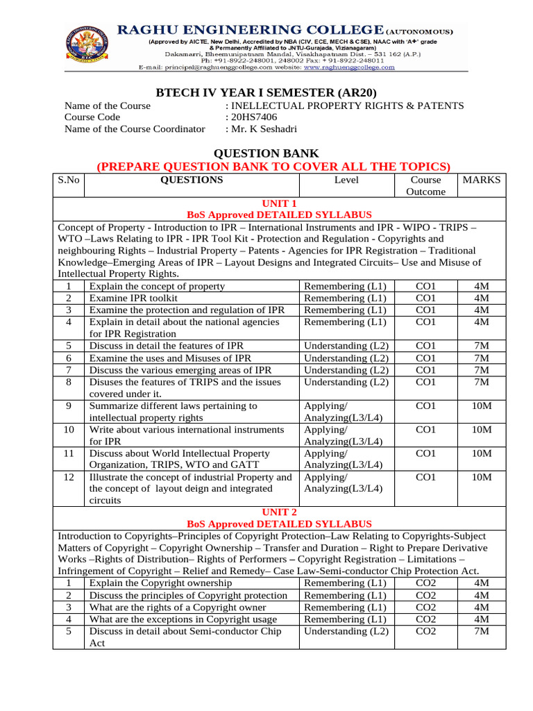 01 REC - EEE AR 20-IV-I IPR Question Bank | PDF | Patent | Trademark