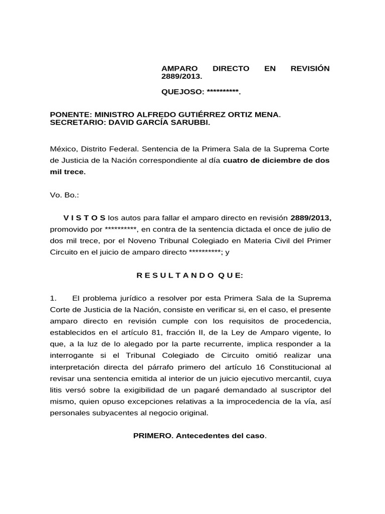 Amparo Directo en Revisión 2889/2013. QUEJOSO | PDF | Caso de ley ...