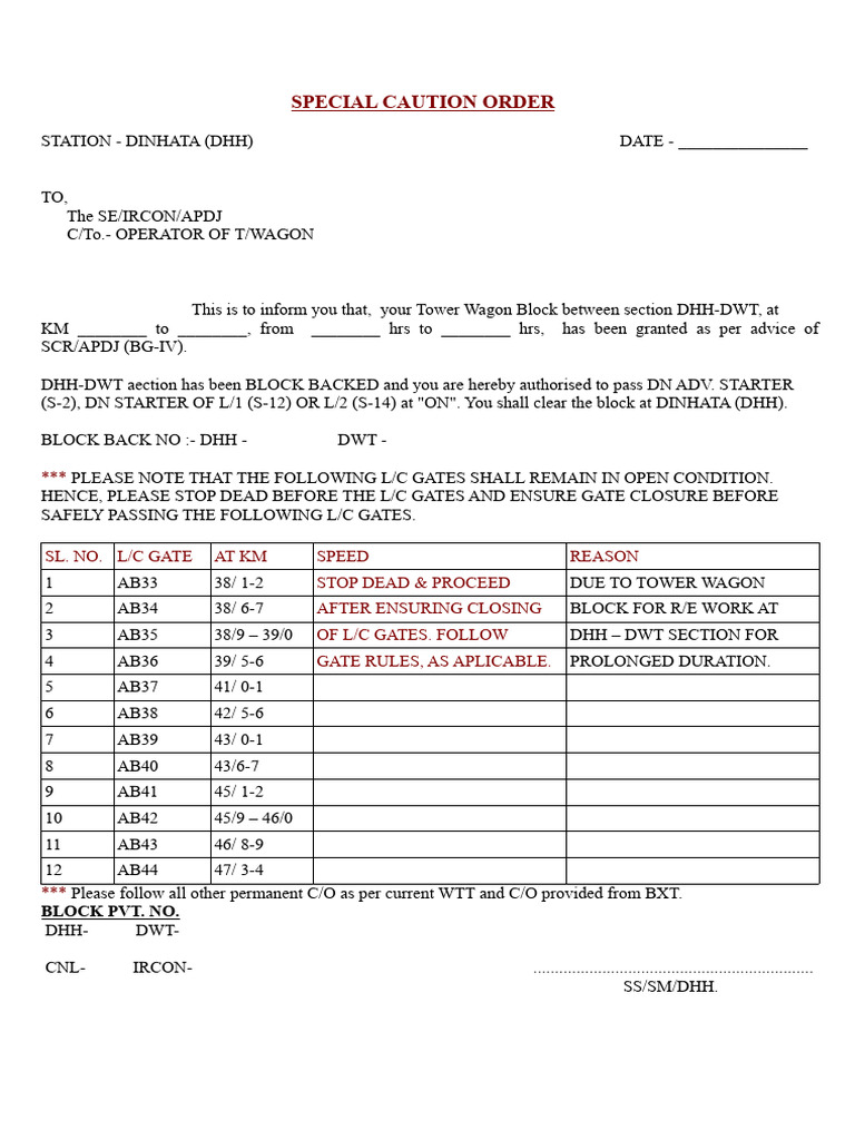 Special Caution Order DHH DWT | PDF