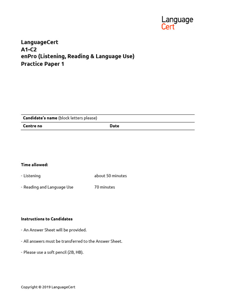 LanguageCert PP1 A1 C2 Enpro EPuhh | PDF | Thought