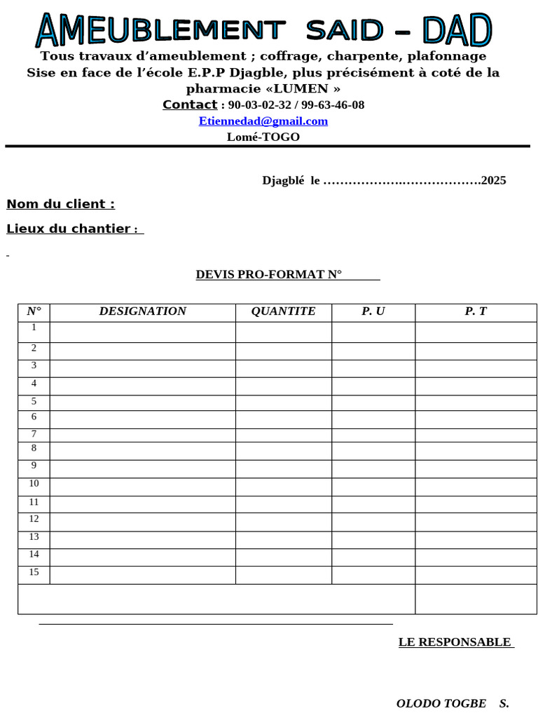 Devis Pro-Format pour Travaux à Djagblé | PDF