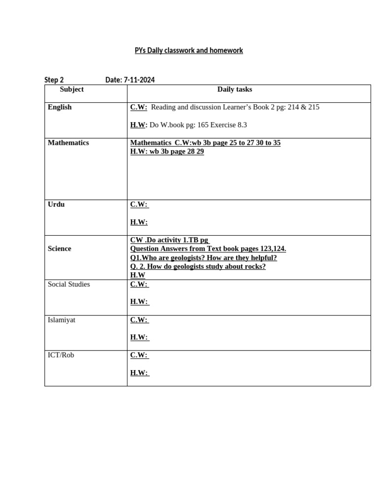 Daily Classwork and Homework Tasks | PDF