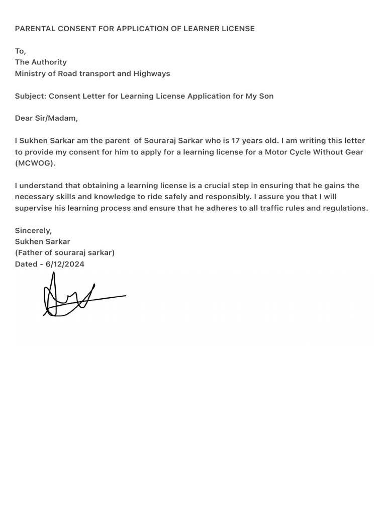 View of Parental Consent For Application of Learner License | PDF