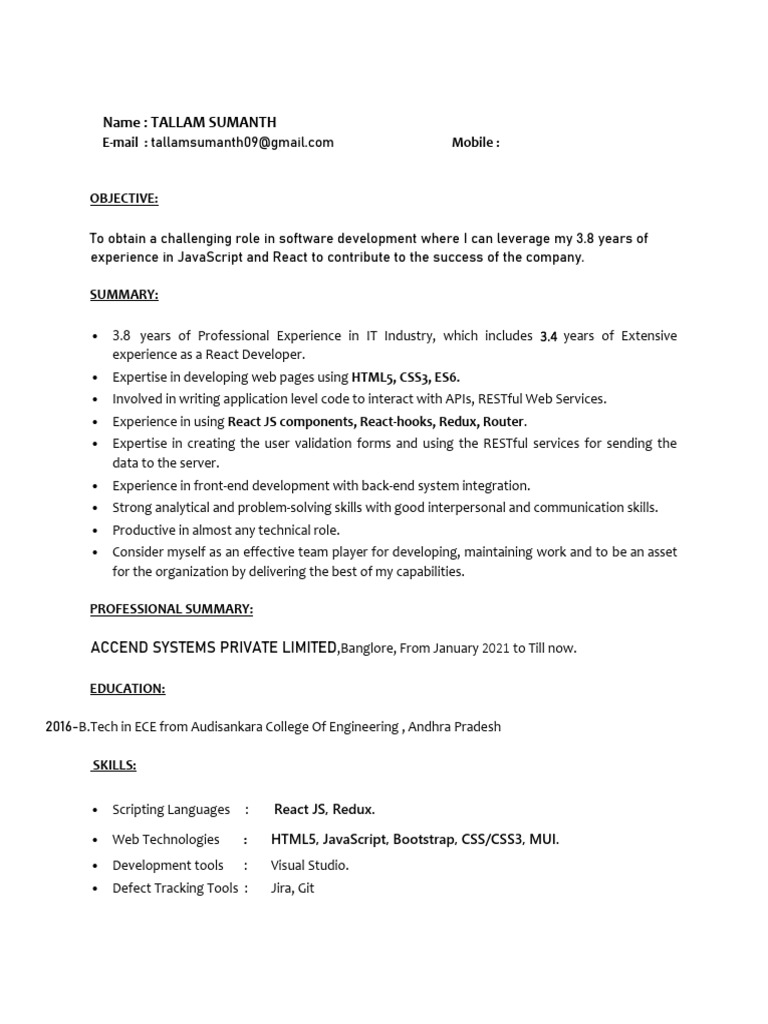 React Developer Resume - 3.8 Years Experience | PDF | Java Script ...