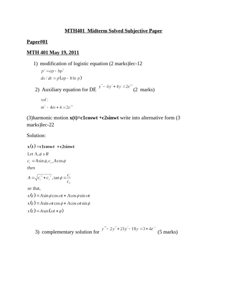 MTH 401 Solvedmidterm Subjective Paper 2012 | PDF | Equations ...