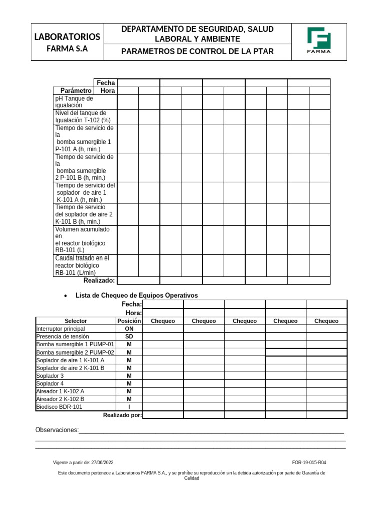 Control PTAR: Parámetros y Chequeo | PDF