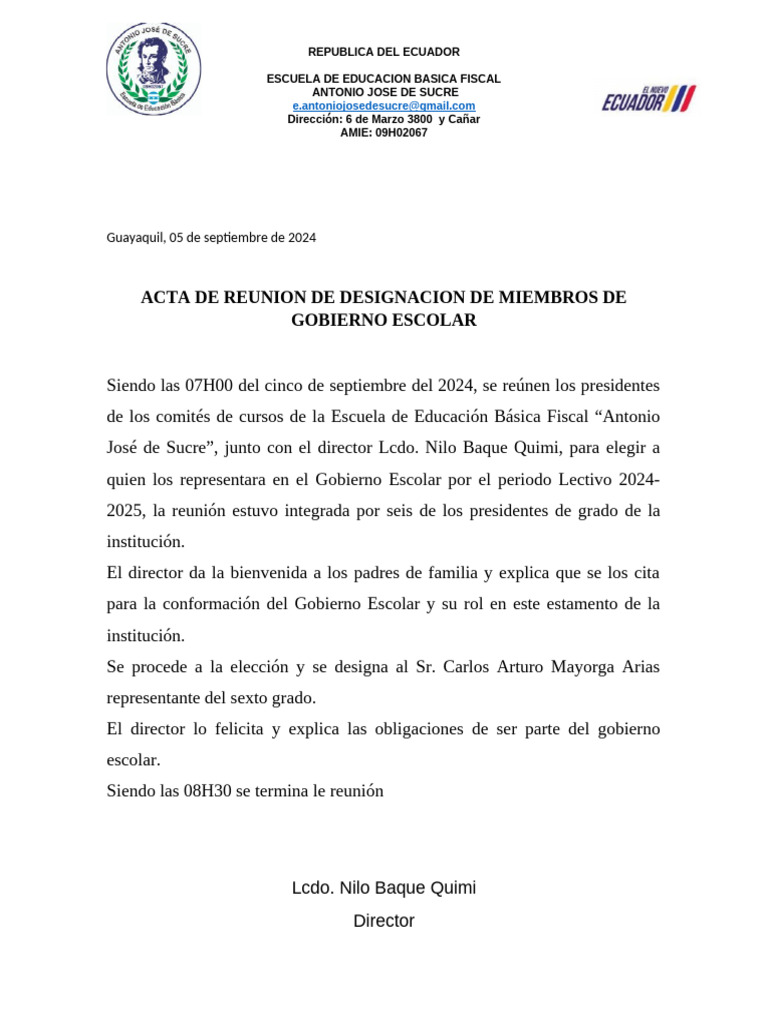 Acta de Elección Gobierno Escolar 2024 | PDF