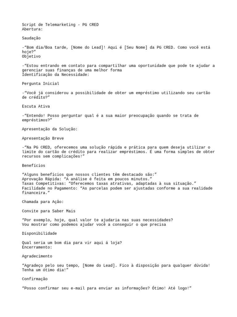 Script de Telemarketing para Empréstimos PG CRED | PDF