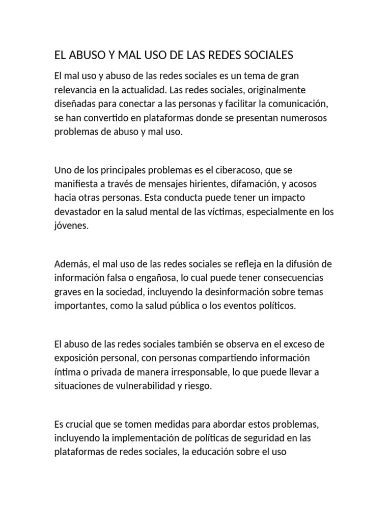 El Abuso y Mal Uso de Las Redes Sociales | PDF | Redes sociales ...
