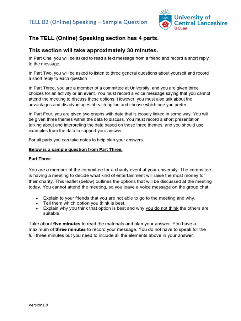 TELL B2 Online Speaking Sample Question | PDF