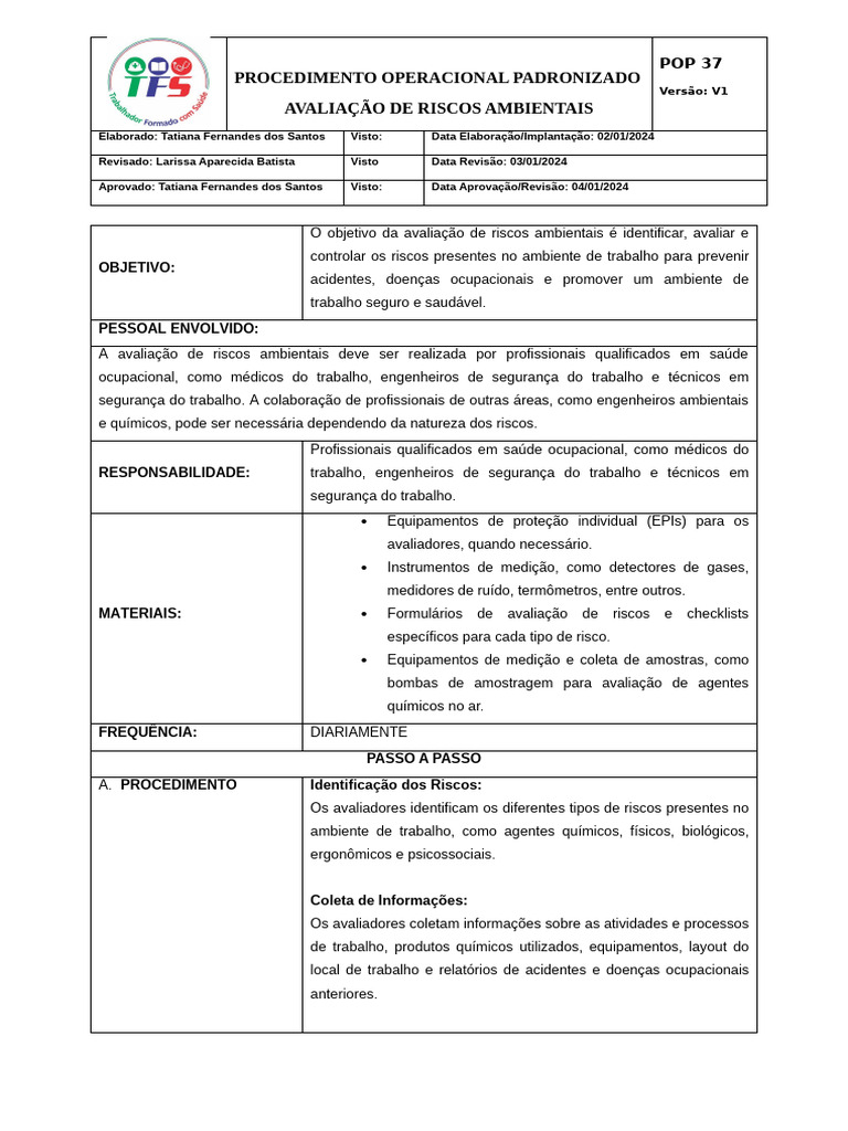 Avaliação de Riscos Ambientais POP 37 | PDF | Segurança e saúde ocupacional