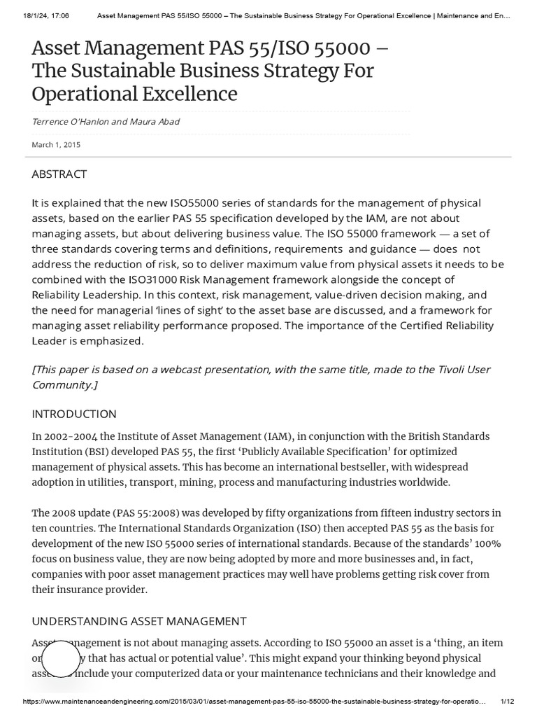 Asset management pas 55 iso 55000 the sustainable business strategy