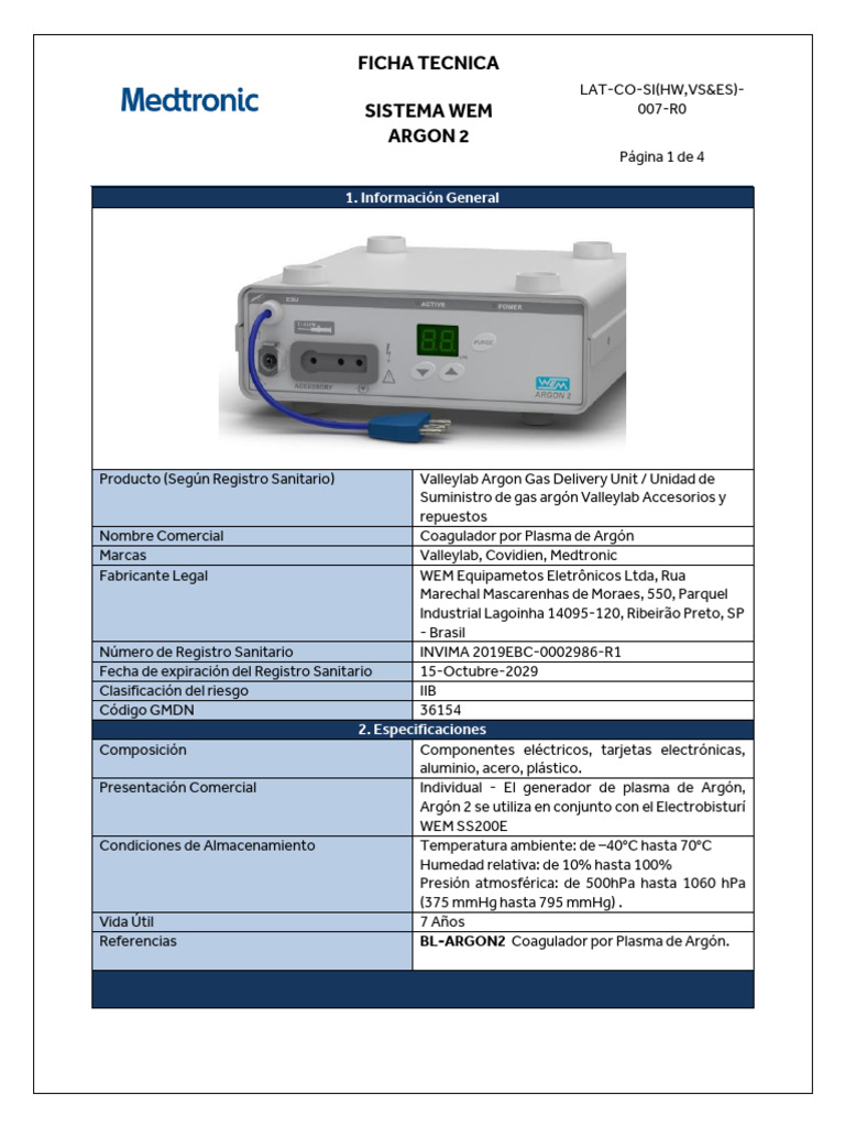 Coagulador Plasma Argón Valleylab Argon 2 | PDF | Argón | Gases