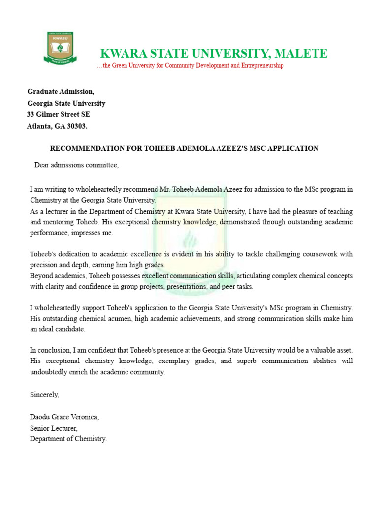Recommendation for Toheeb Azeez's MSc Admission | PDF