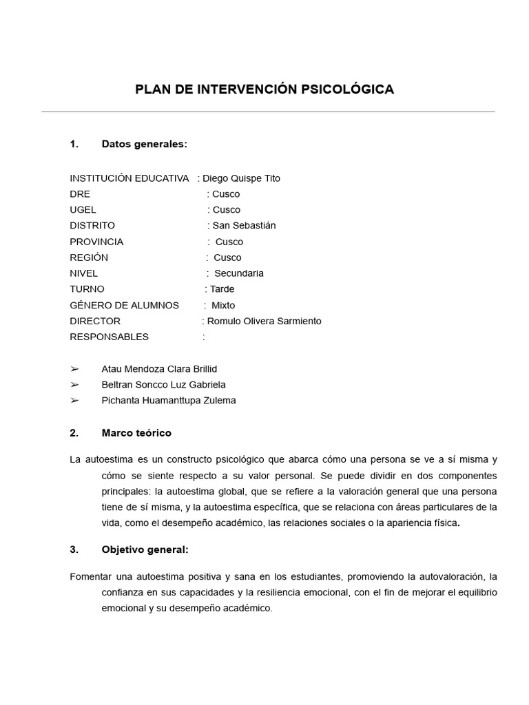 Plan de Intervención para Mejorar Autoestima | PDF | Autoestima | Sicología