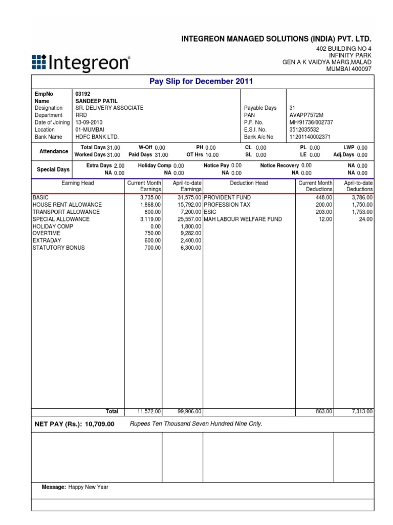 Integreon Salary Slip - December 2011 | PDF