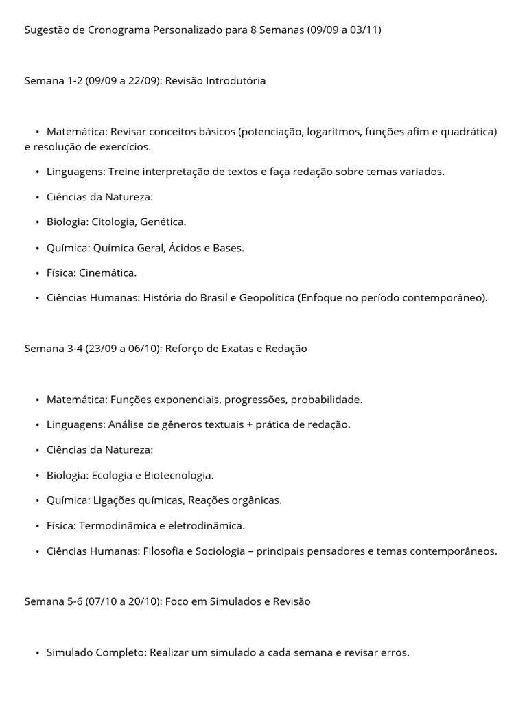Sugestão de Cronograma Personalizado para 8 Semanas (0909 A 0311) PDF | PDF