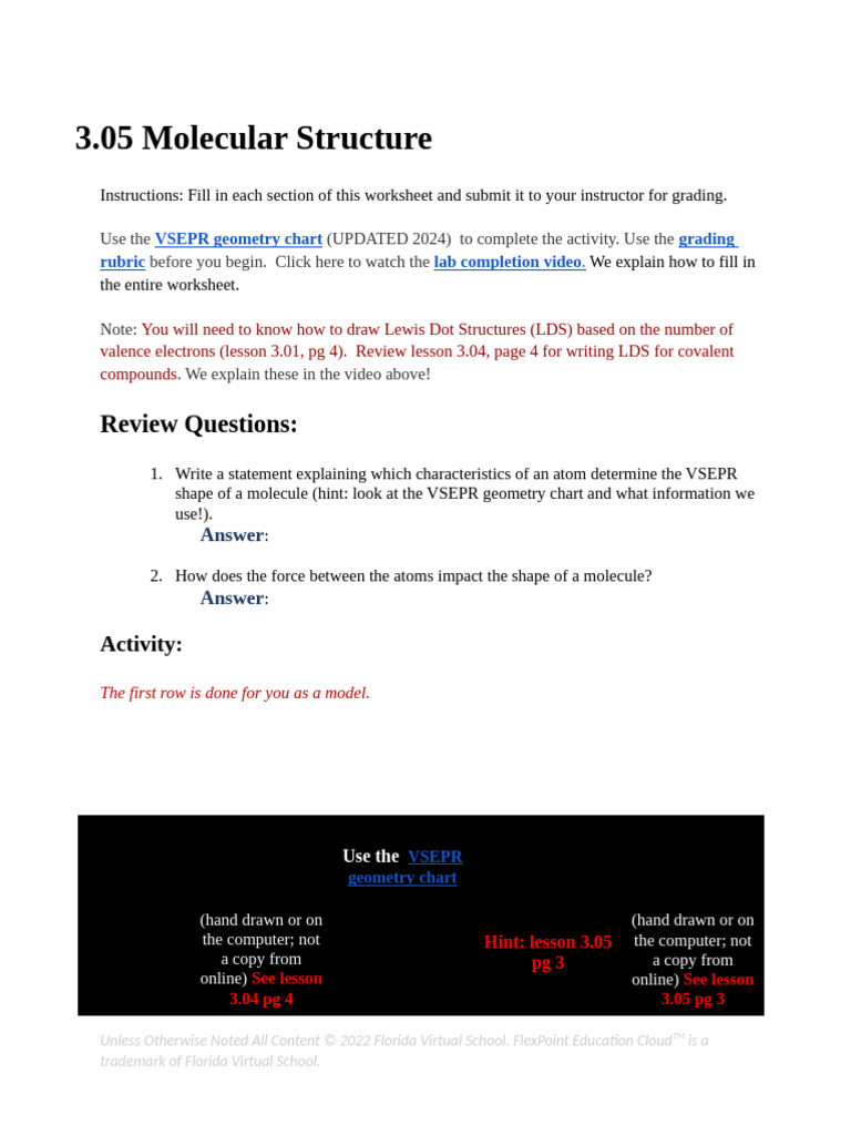 3 05 Molecular Structure Worksheet PDF Molecules Chemical Bond