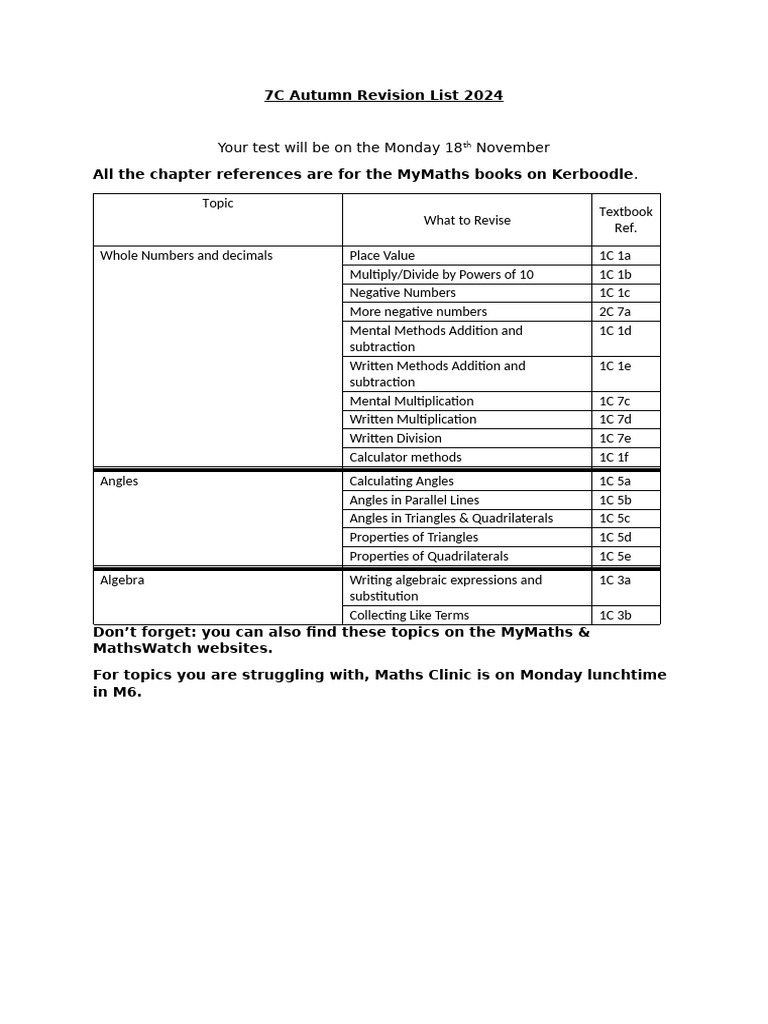 7C Autumn Revision List | PDF