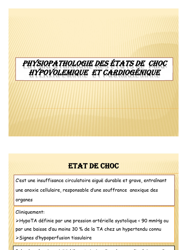 Physiopathologie Du Choc Hypovol mique PDF tat De Choc 