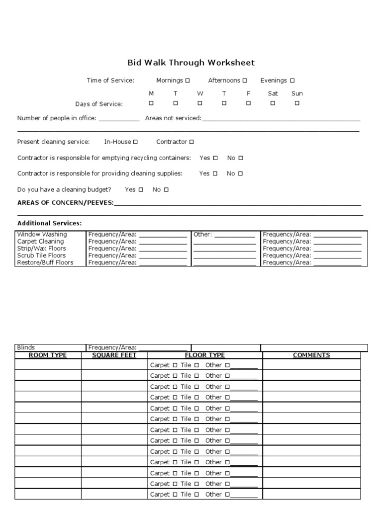 Commercial Cleaning Bid Walk Worksheet | PDF