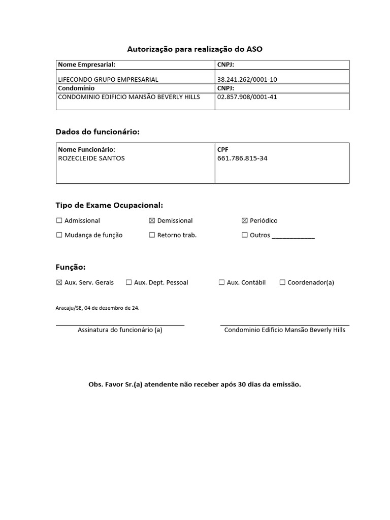 Autorização ASO Demissional e Periódico | PDF