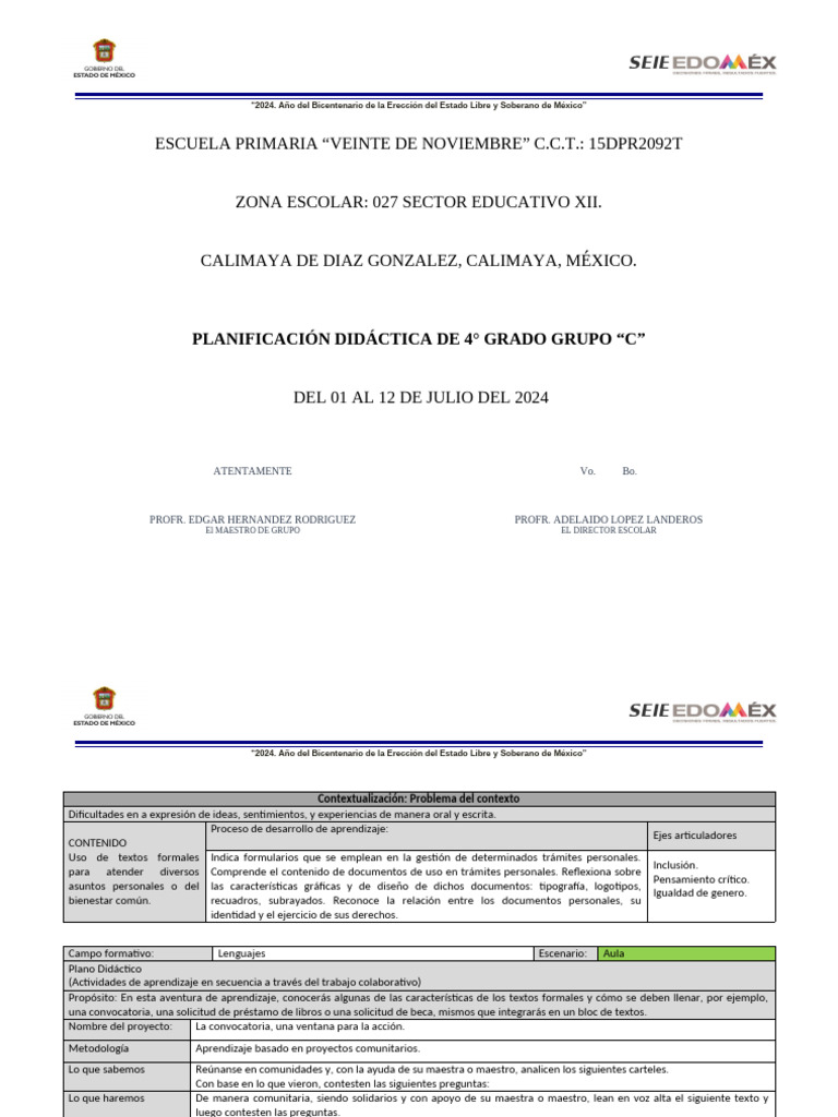 Plano Didactico Julio 2024 | PDF | Aprendizaje | Salón de clases